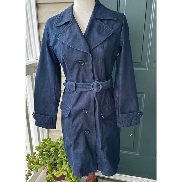 GAP Dark Wash Denim Trench Coat Small | Classic Y2K Heritage Preppy Belted - Picture 1 of 8